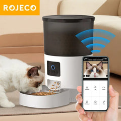 ROJECO-Automatic Cat Feeder with Camera Video, Pet Food Dispenser, Smart Voice Recorder, Remote Control Auto Feeder for Dog